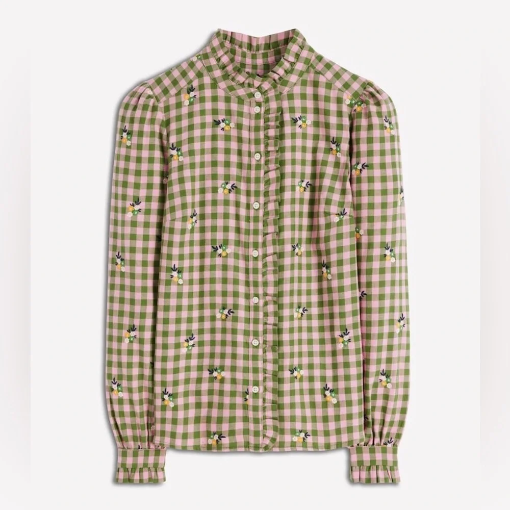 Boden Helena Brushed Cotton Ruffled Gingham and Floral Embroidered Blouse -US 8 - Picture 3 of 11